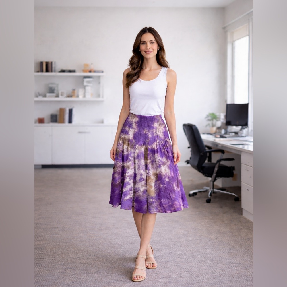 Calvin Klein New With Tags Tie-Dye Pleated Midi Skirt Purple Beige Size 2